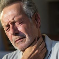 Man touching painful neck, sore throat for flu, cold and infection